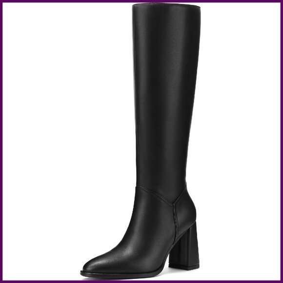 Knee High Boots Chunky Heel Pointed Toe Side Zipper Tall Boots